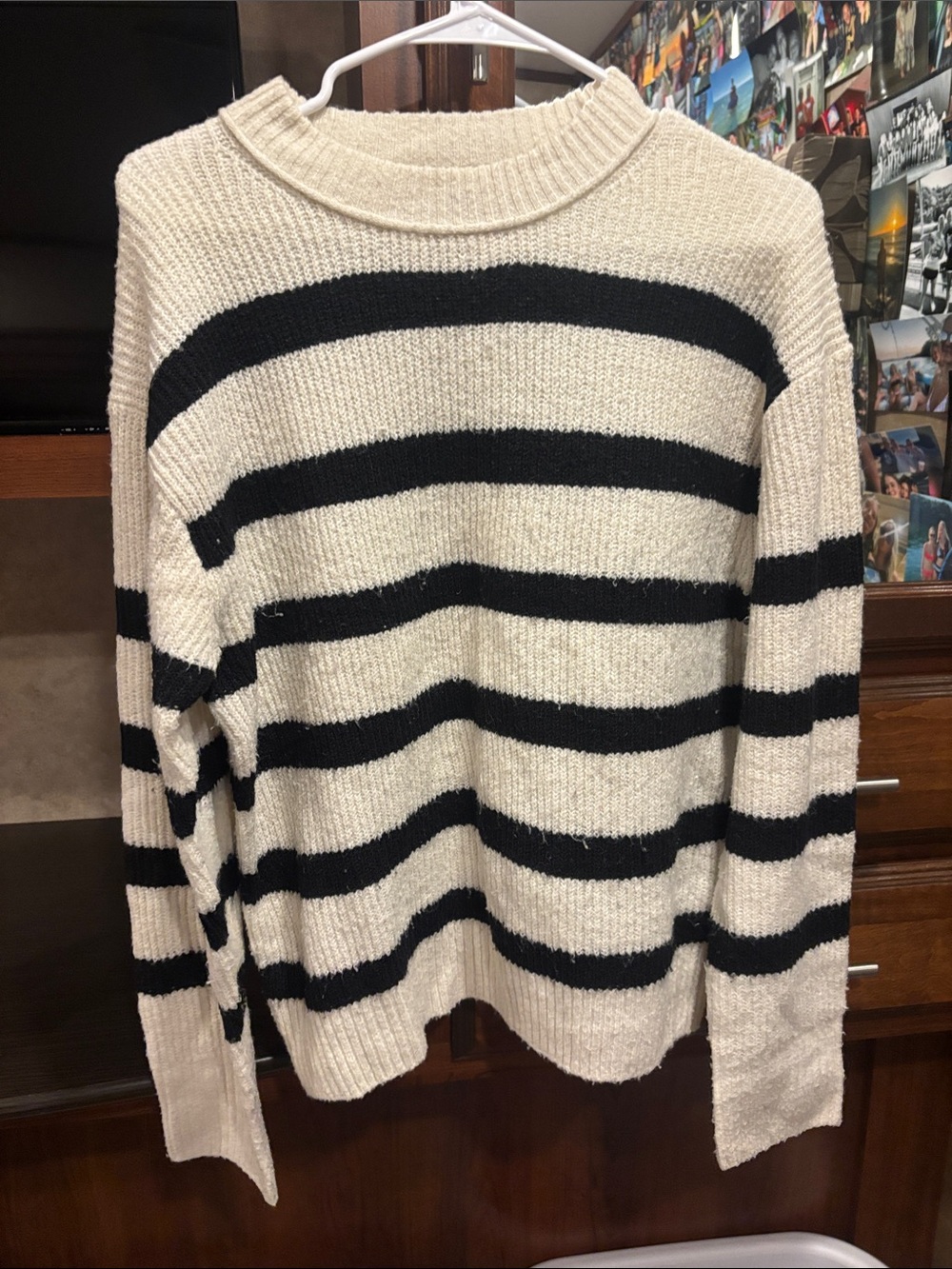 American Eagle Outfitters Cream & Black Striped Crewneck Sweater